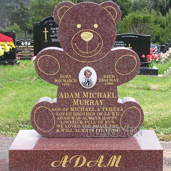 Hand Carved Stone Carvings Red Granite Bear Shape Baby Tombstones Monument For Cemetery Decoration