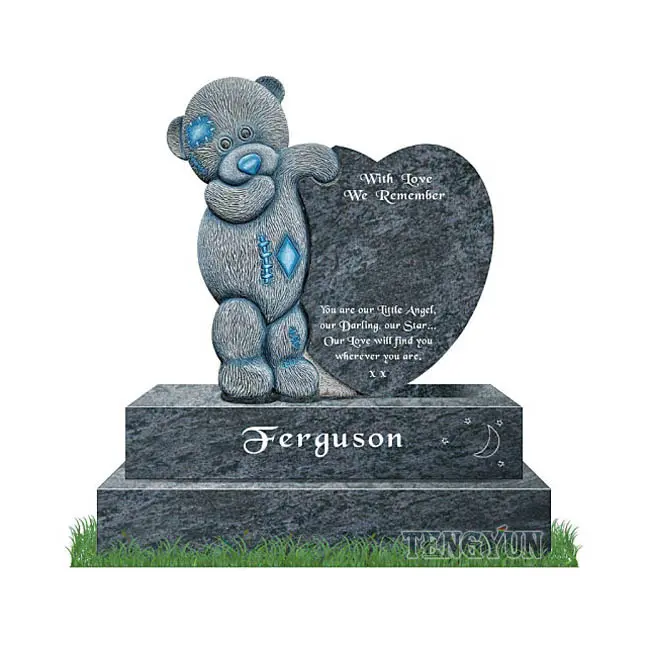 Heart Shape With Teddy Bear Sculpture Carved Stone Children’s Tombstone Kids Black Headstone