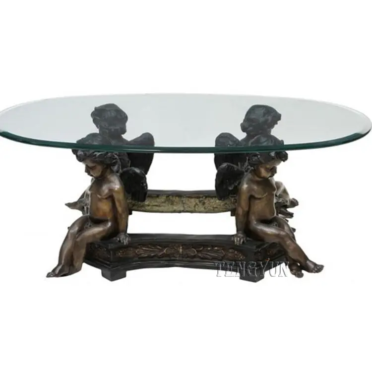Home Decorative Bronze Cast Small Angel Statues Base Oval Glass Top Tea Table Coffee Table