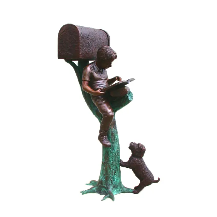 Bronze Sculpture Reading Child Sitting With Mailbox Sculpture for Home Decoration