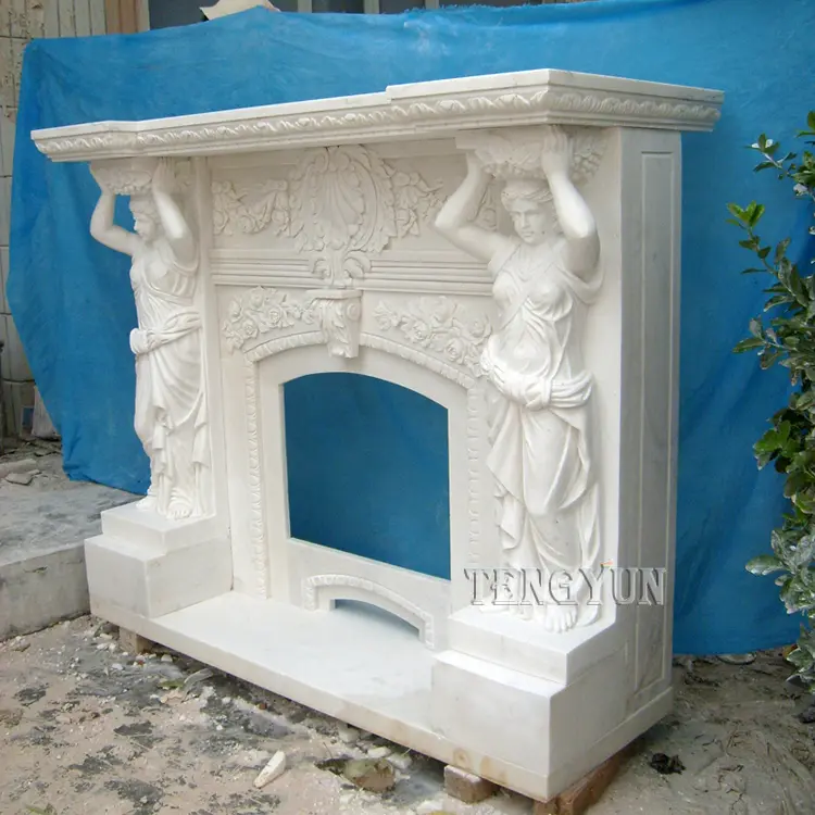 Home Decorative Marble Fireplace Mantel With Female Statues