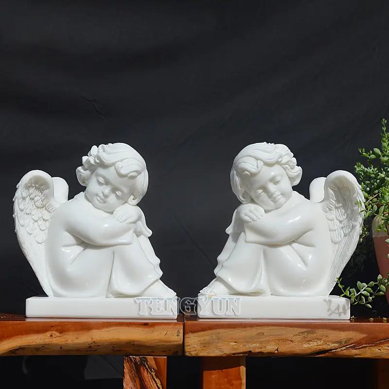 Home Decorative Small Size Marble Cherub Statues Stone Sitting Sleeping Little Angel Sculpture