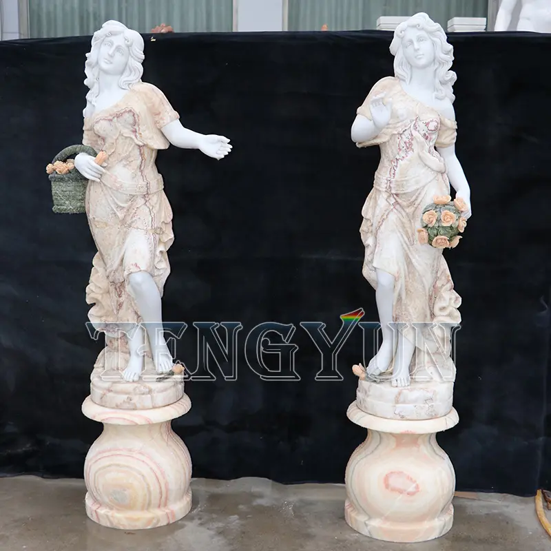 Home Decorative Small Size Lady Statues With Basket And Flower Marble Decorative Girl Statue