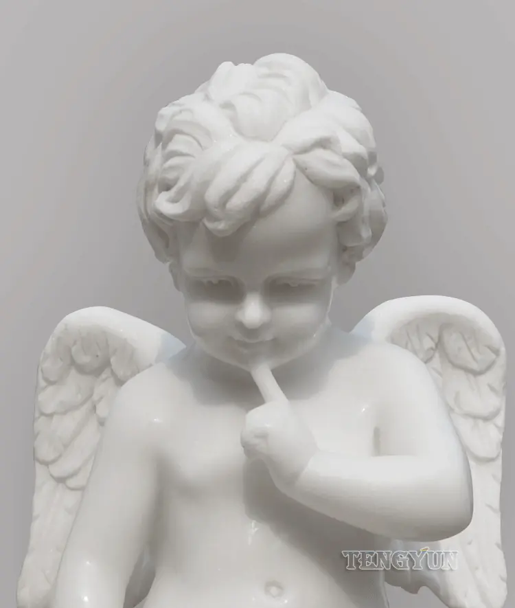 Home Decorative Statues Stone Cherub Hand Carved Small White Marble Sitting Cupid Little Angel Sculpture