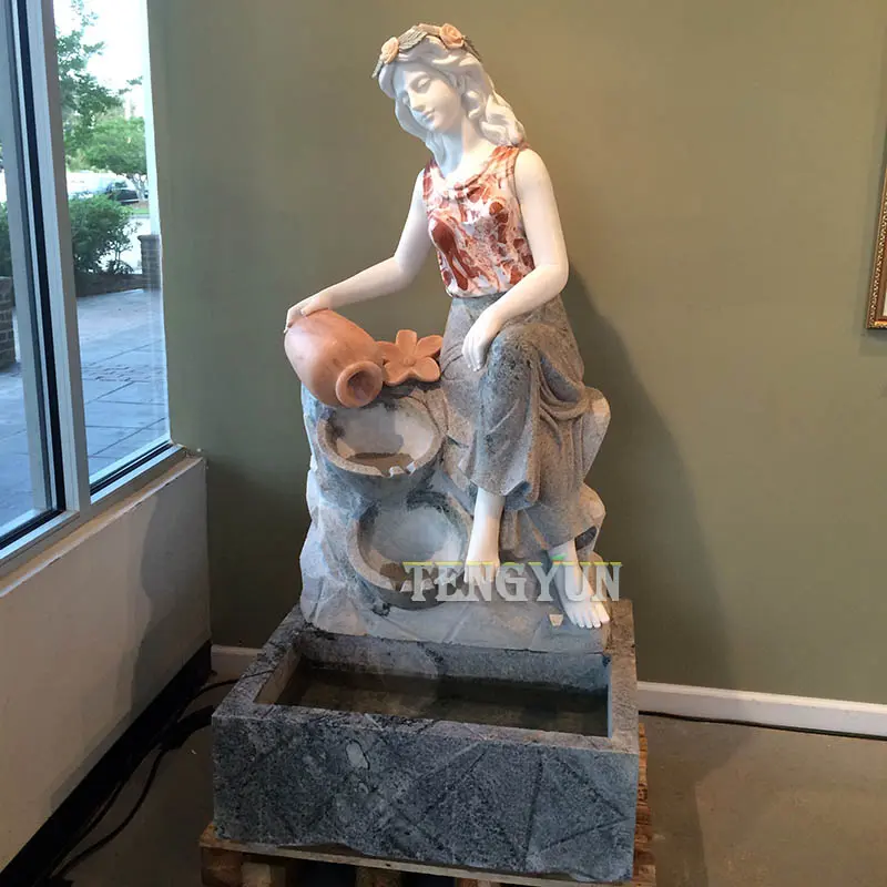 Home Girl Statue Natural Marble Wall Water Fountain