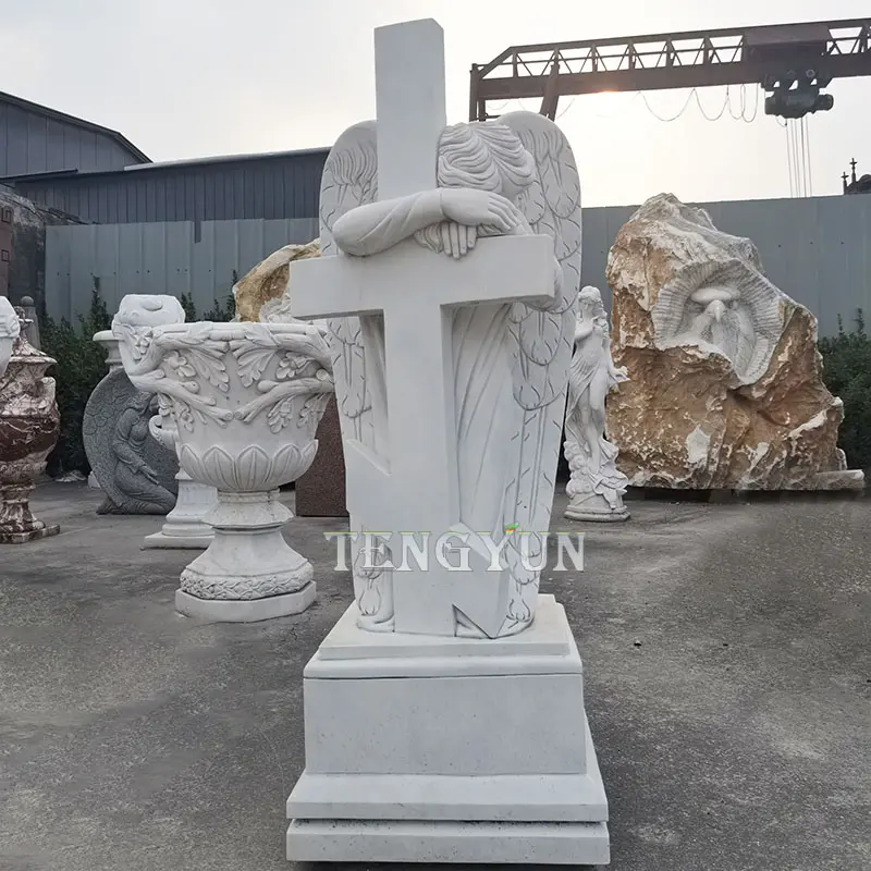 White Marble Cross Angel Sculpture Kneeling Weeping Stone Decorative For Cemetery