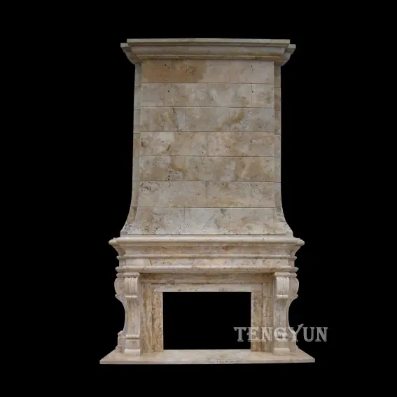 Large Size Neo-Classic Travertine Fireplace Mantel Limestone Fireplace Surround For Sale