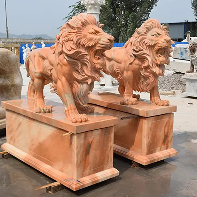 Large Size Pair Of Natural Marble Roaring Lion Sculpture With Big Pedestal Stone Animal Statues