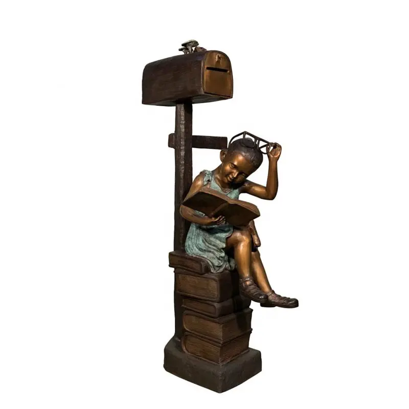 Life-Size Bronze Statue of Girl Reading with Mailbox