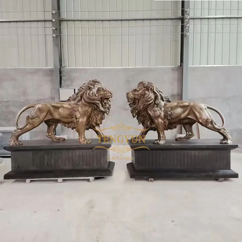 Life Size Bronze Lion Sculpture Standing On Marble Pedestal