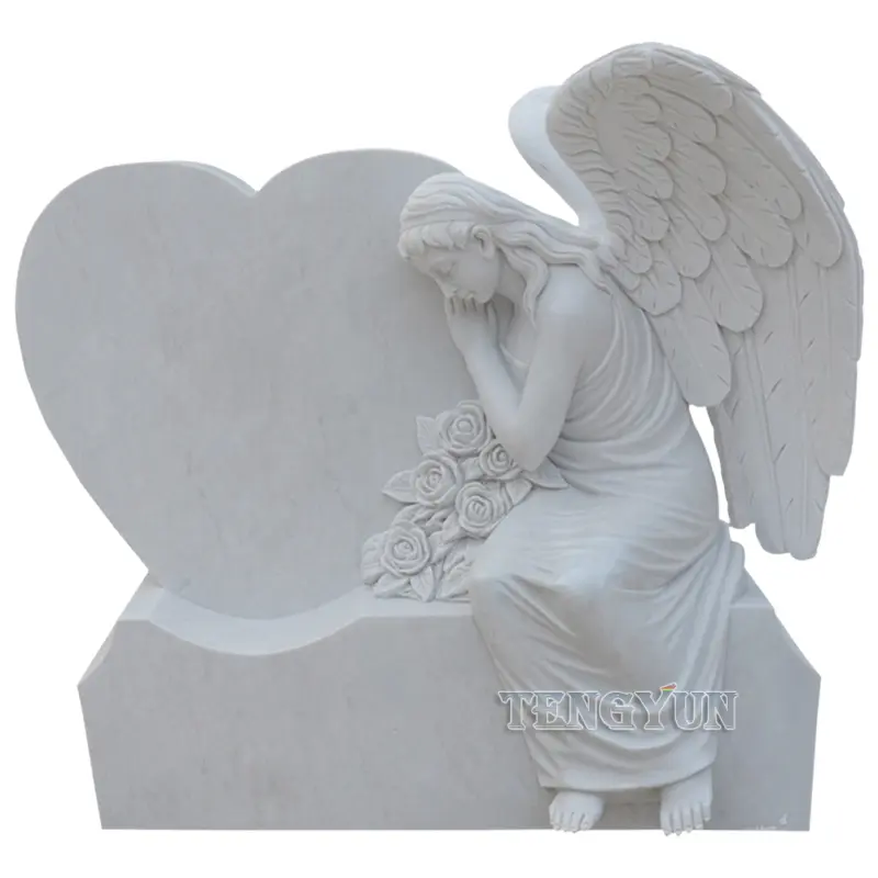 Life Size Marble Sad Angel Statue Heart Headstone Sitting Angel Sculpture For Cemetery Decoration