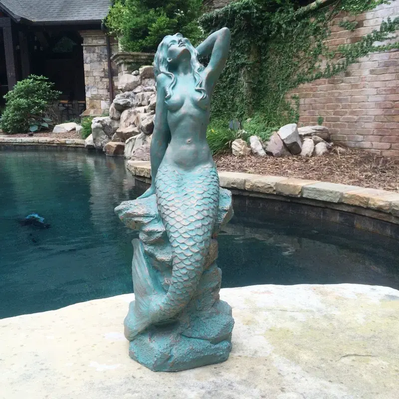 Life Size Nude Female Bronze Mermaid Statue Sitting On Rock Sculpture