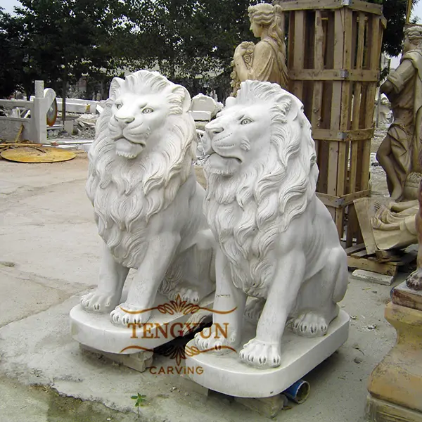 Life size sitting white marble stone lion statue
