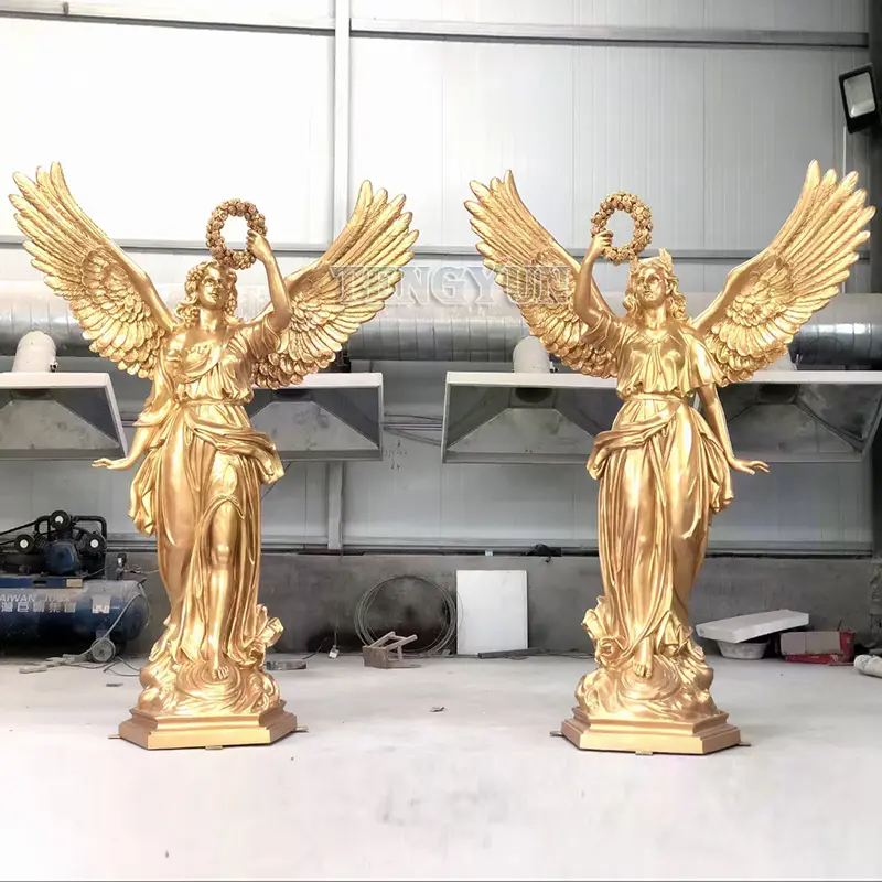 Luxury Golden Color Pair Of Fiberglass Angels Statue Sculpture For Indoor Or Garden Decor
