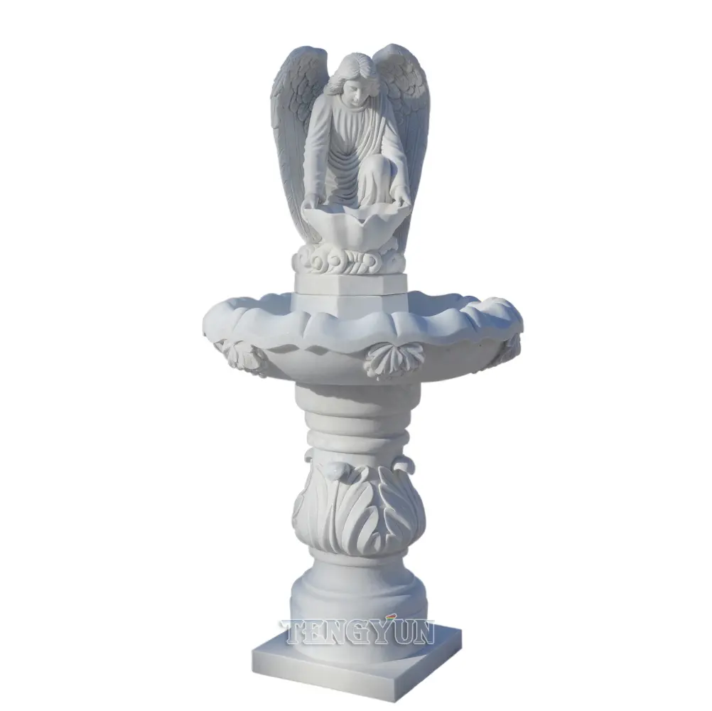 Marble Carved Small Size Kneeling Angel Statue Water Fountain Stone Church Holy Water Fountain