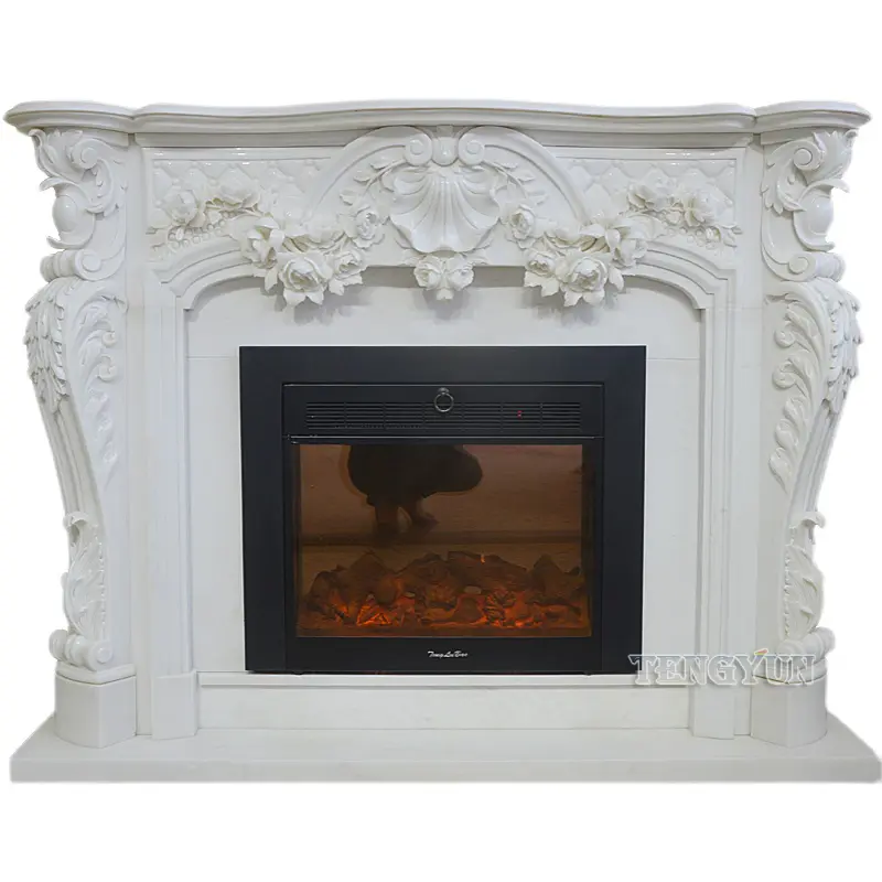 Marble Fireplace European Rose Flower Stone Mantel For Villa Living Room Interior Decoration