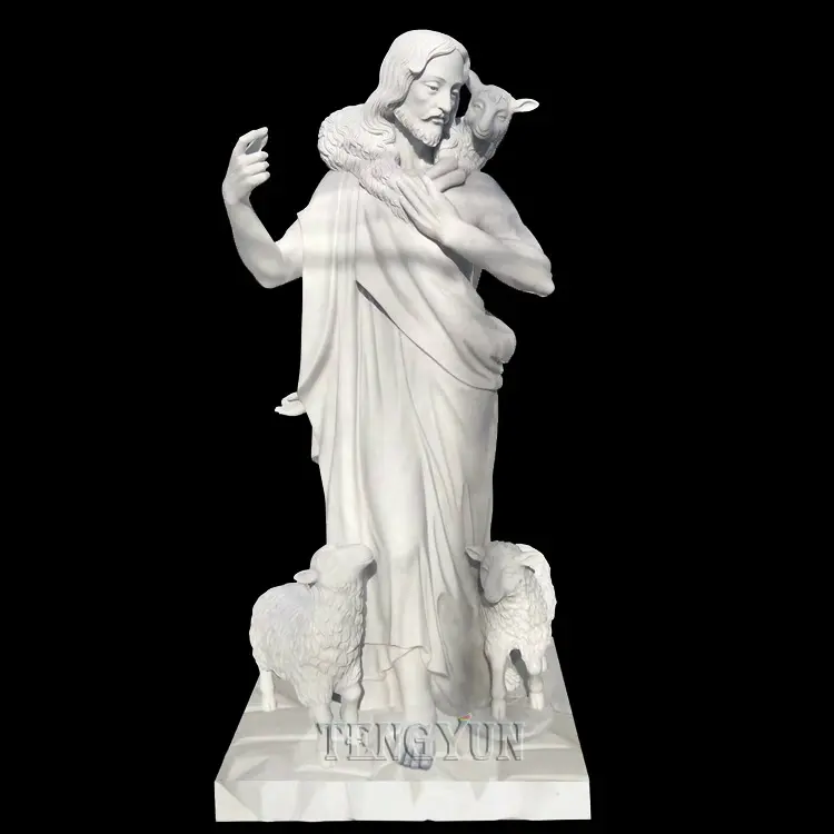 Marble Jesus statue with goats sculptures