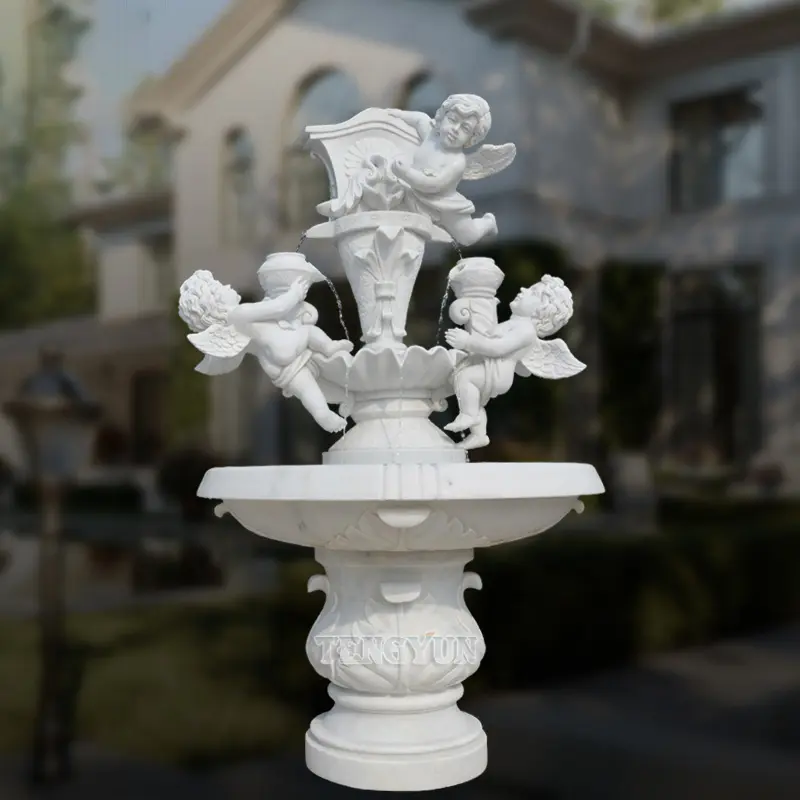 Marble three cherubs fountain European garden courtyard little angel fountain stone flowing water landscape ornaments