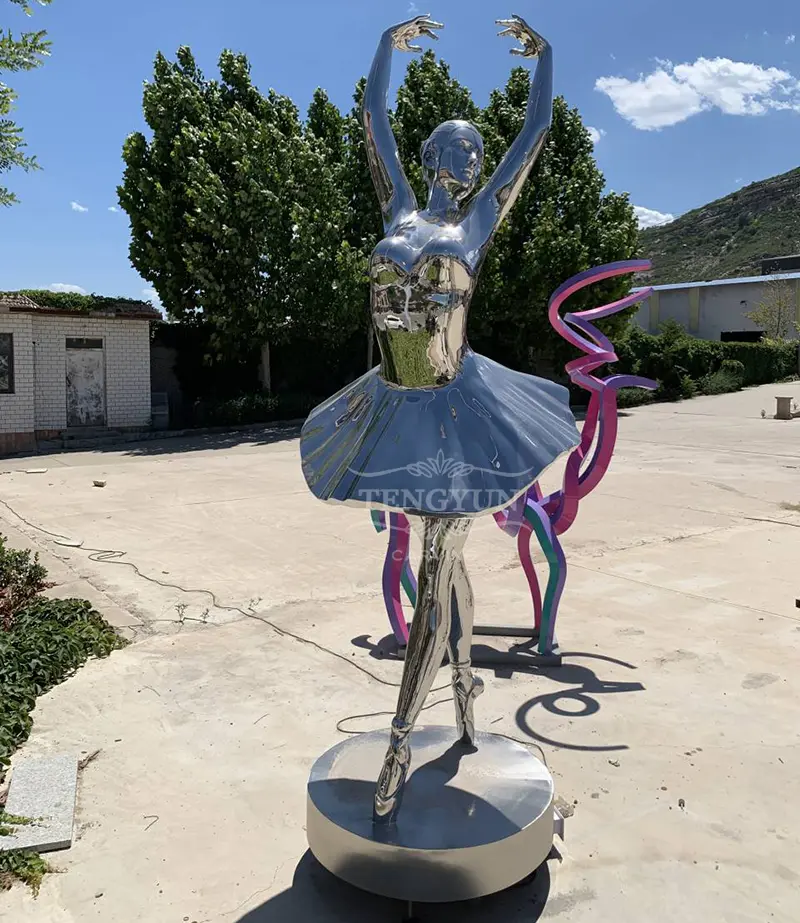Mirror Polished Ballerina Girl Statue Stainless Steel Life Size Ballet Dancer Sculpture