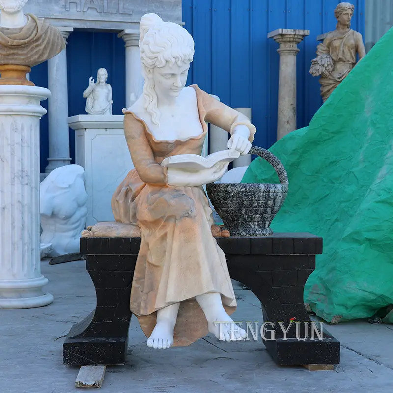 Modern Marble Statue Reading Girl Sitting On Bench With Basket Outdoor Sculpture