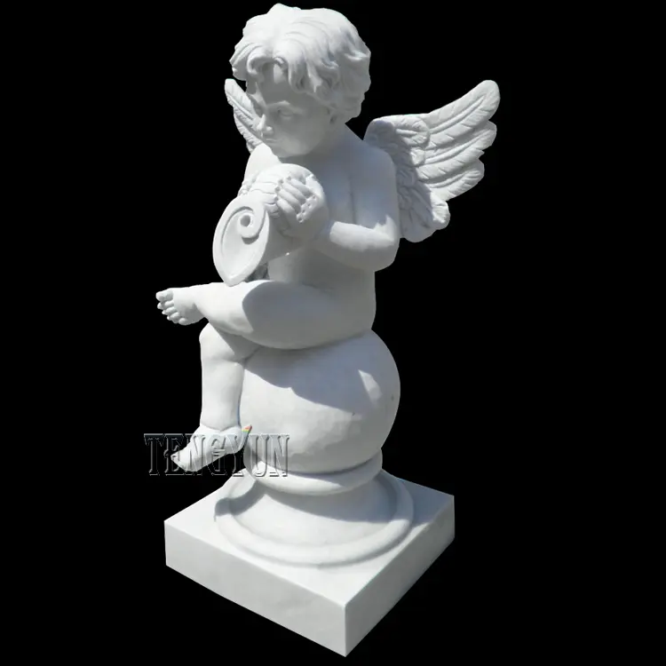 Natural White Marble Nude Boy Angel Statue With Conch Sculpture Little Angel Water Fountain
