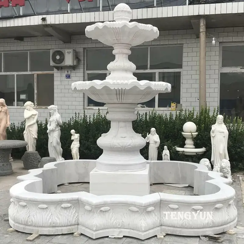 Ornaments White Carved Stone Water Fountain With Two Tiers For Garden Surroundings Decoration