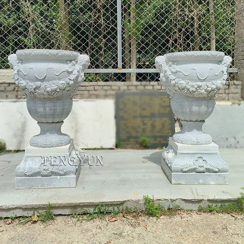 Ornate Stone Urns Garden Decorative Grey Marble Planters For Sale