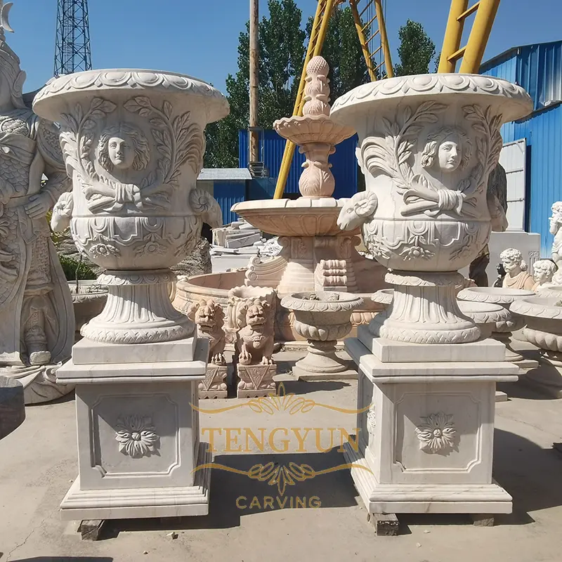 Outdoor China White Marble Stone Garden Flowerpot Natural Flowerpots With Relief Carvings