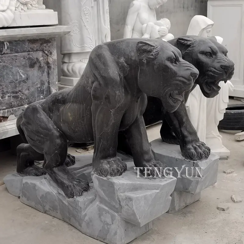 Outdoor Decorative Black Marble Carved Tiger Sculpture For Sale