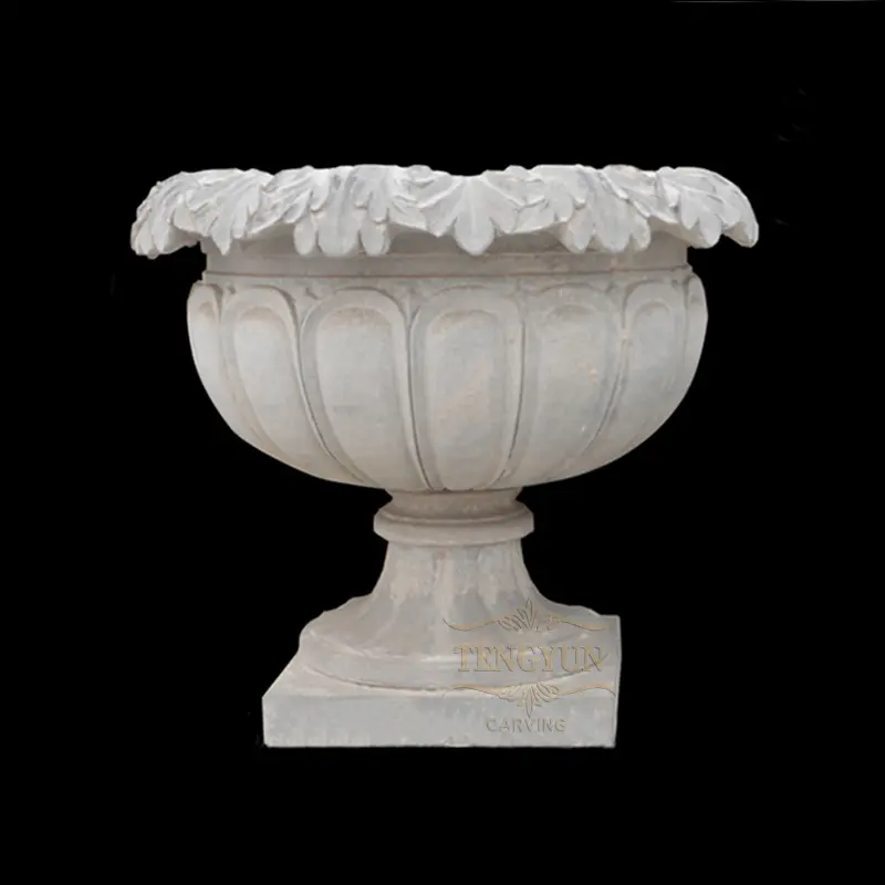 Outdoor Decorative Hand-Carved Marble Flower Pot Stone Planter For Sale