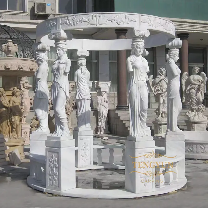 Outdoor Decorative Natural White Marble Gazebo With Lady Statues For Sale
