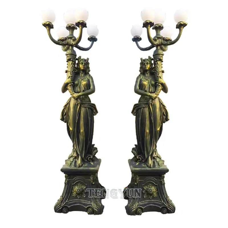 Outdoor Decorative Pair Of Fiberglass Large Size Ancient Female Statue Lamp Sculpture For Sale