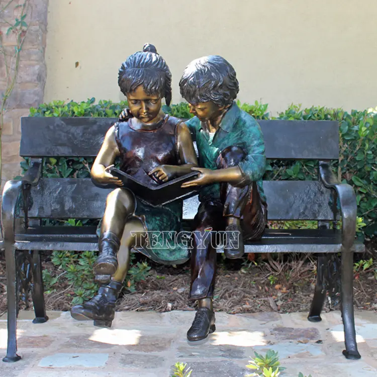 Boy And Girl Sitting On Bench Reading Book Child Bronze Sculptures for Outdoor Garden Decoration