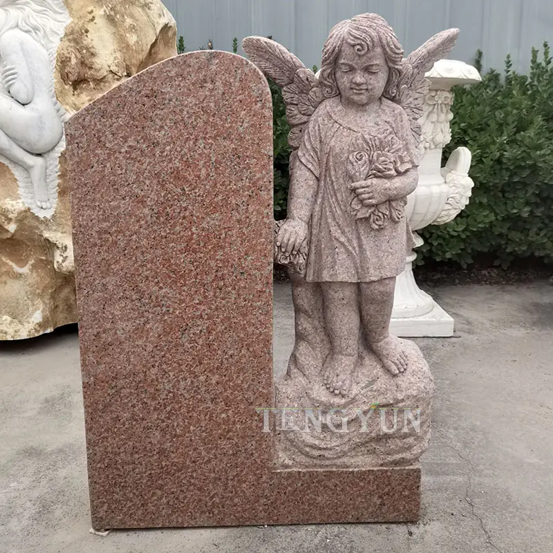 Outdoor Graveyard Cherub Memorial Granite Headstone Little Angel Statue Tombstone For Children