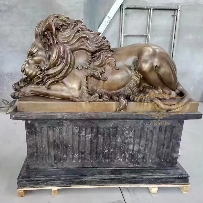 Outdoor Life Size Bronze Sleeping Lion Sculpture Price With Black Marble Base