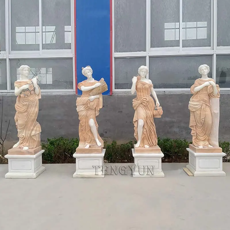 Natural Sunset Red Marble Four Season Statues With Marble Pedestal