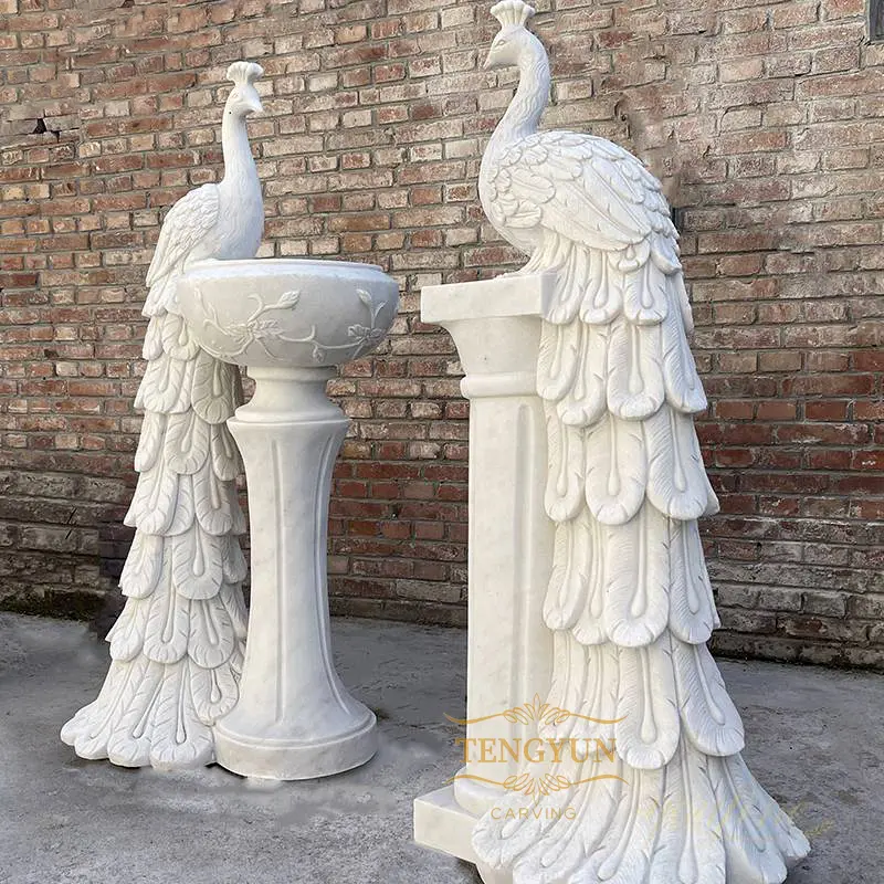 Outdoor White Marble Peacock Sculpture Home Decor Aniumal Design Stone Peafow Statue For Sale