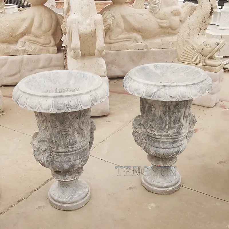 Pair Of Outdoor Decorative Marble Carved Planter Stone Flowerpot For Garden