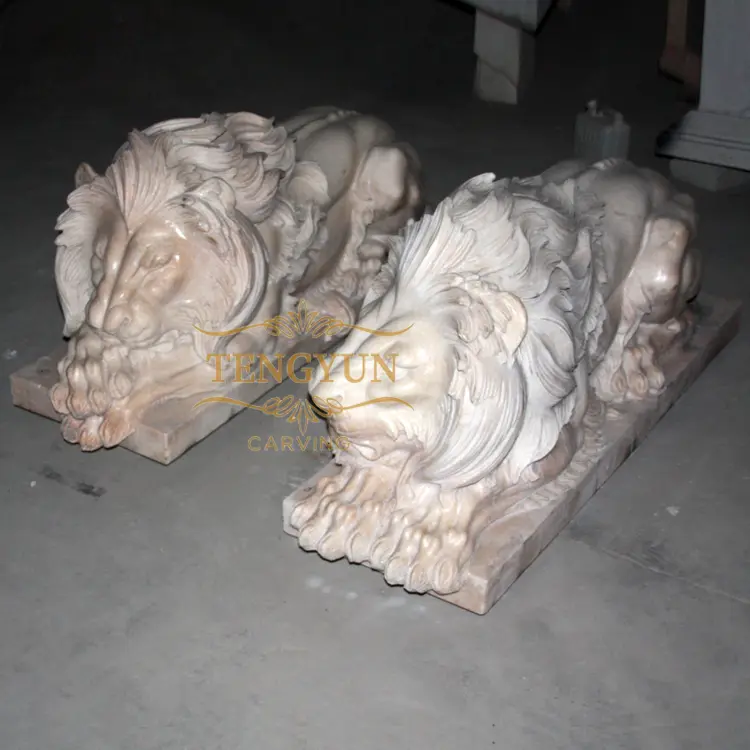 Pair Of Sunset Red Marble Carved Sleeping Lion Sculpture Stone Garden Ornament For Sale