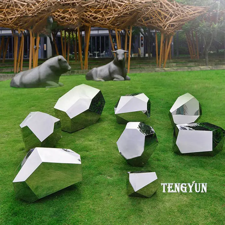Park Garden Decorative Modern Stainless Steel Abstract Rock Sculptures Polished Metal Stone For Grass Land Decor