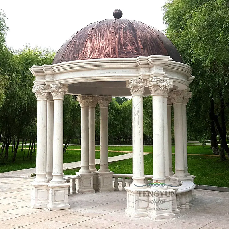 Roman Style Luxury Square Shape White Marble Pavilion Gazebo With Greek Pillars And Baluster Seats