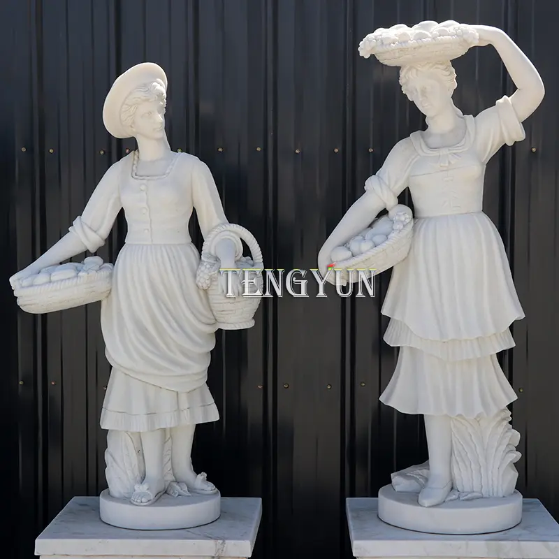 Rural Harvest Sculpture White Marble Women With Fruit Statue Stone Fruitful Humans Statues