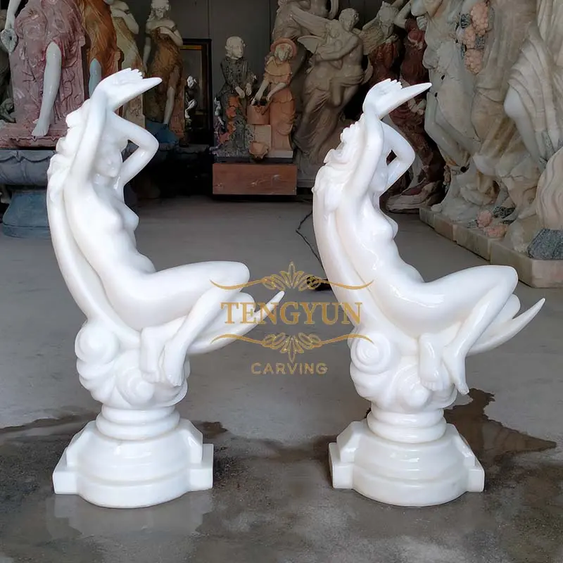 Small Size White Marble Nude Female Statue With Moon Desktop Goddess Sculpture