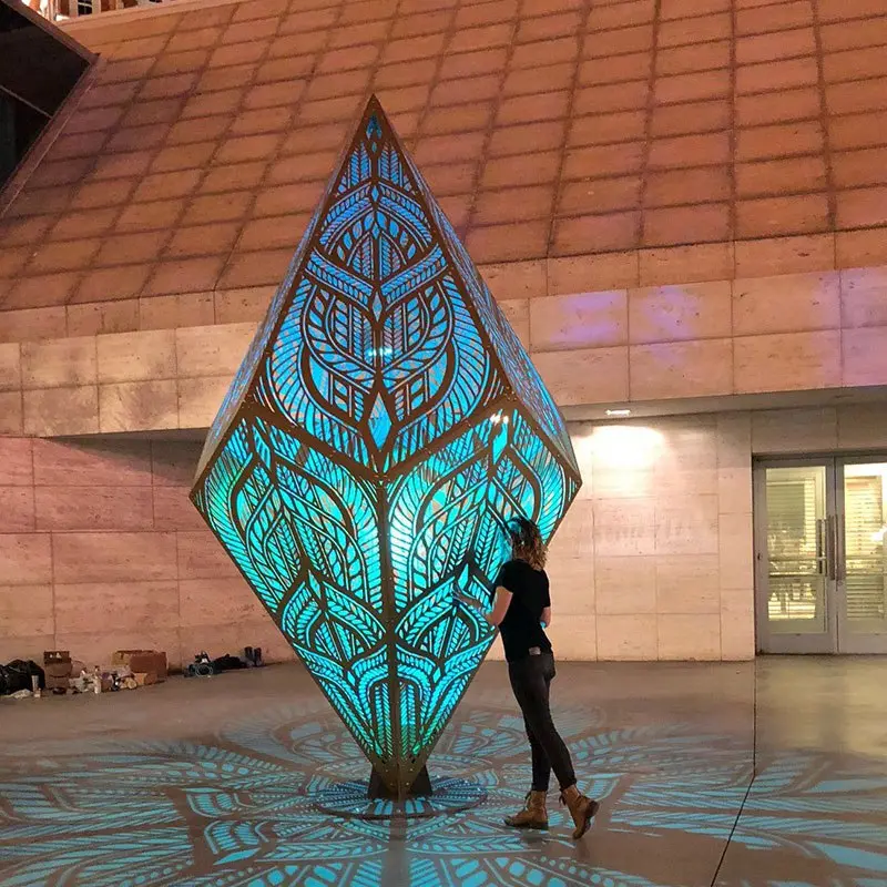 Square Decorative Metal Hollow Polygon Sculpture Stainless Steel Statue With LED Light