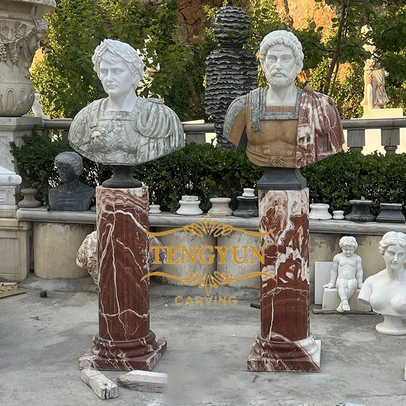 Stone Carved Natural Marble Roman Bust Statue With Greek Pillar Base