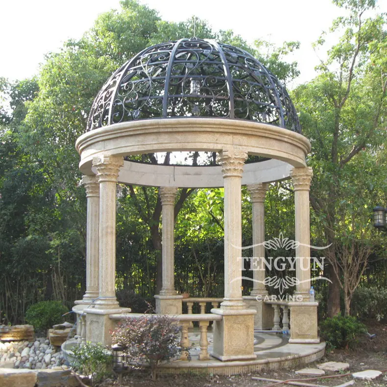Stone Gazebo Designs Iron Metal Roof Top Balustrade Ancient Pillars Hand Carved Granite Pavilion