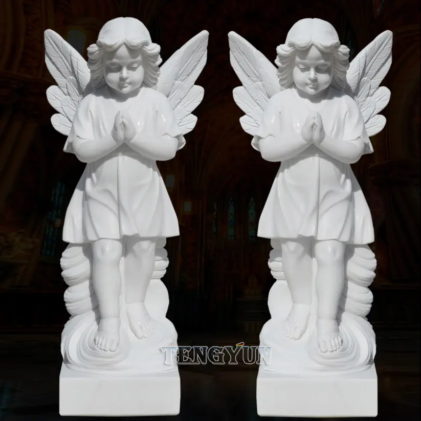 White Marble Guardian Cherub Statues Church Door Pair Of Stone Prayer Little Angel Statues For Sale