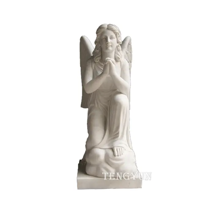 White Marble Kneeling Praying Angel Statue Cemetery Statues