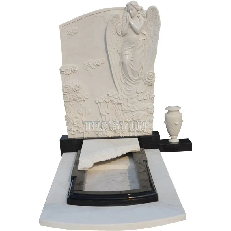 White Marble Relief Angel Statue Tombstone For Cemetery