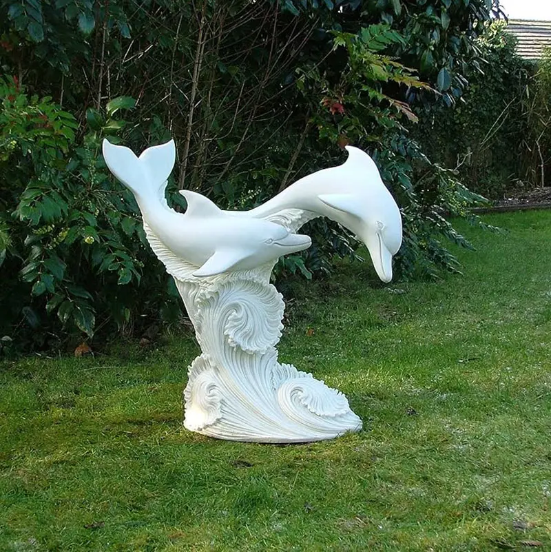 White Marble Two Dolphins Statue Stone Animal Sculptures For Lawn Decoration